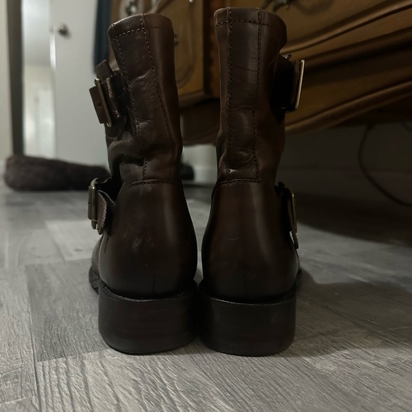 Frye Vicky Engineer Moto Brown Real Leather Belted Mid Calf Ankle Boot - Picture 8 of 13